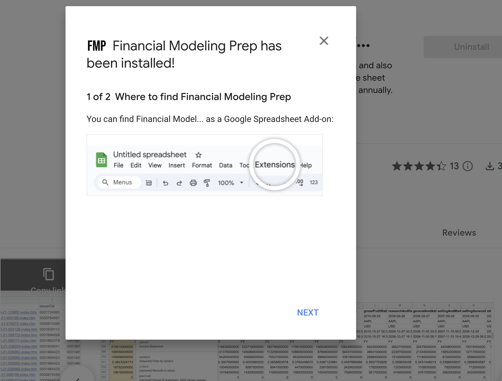 Open google sheet, financial modeling prep